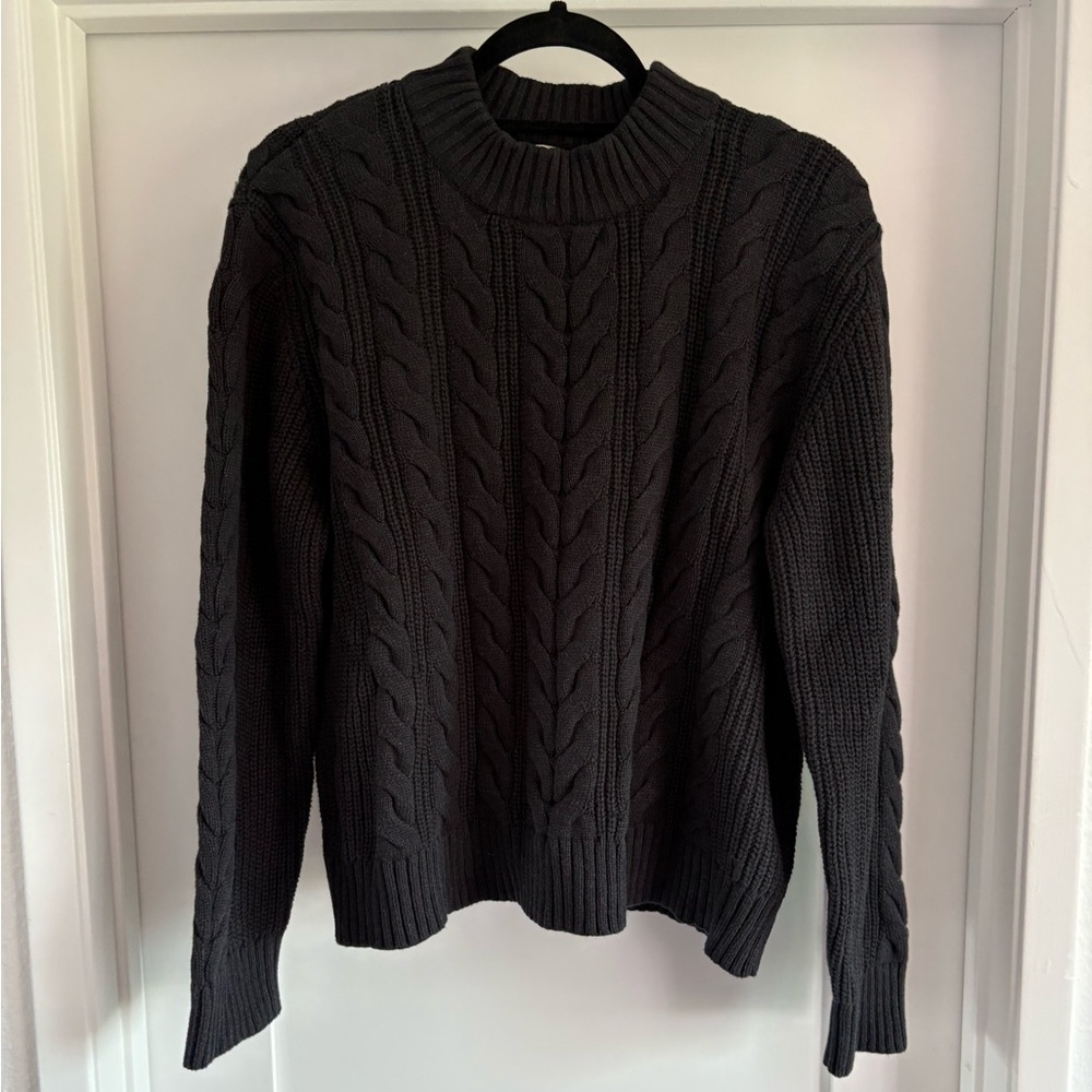 Pact 100% Organic Cotton Women's XL Cable Knit Crew Sweater Black Natural Fiber